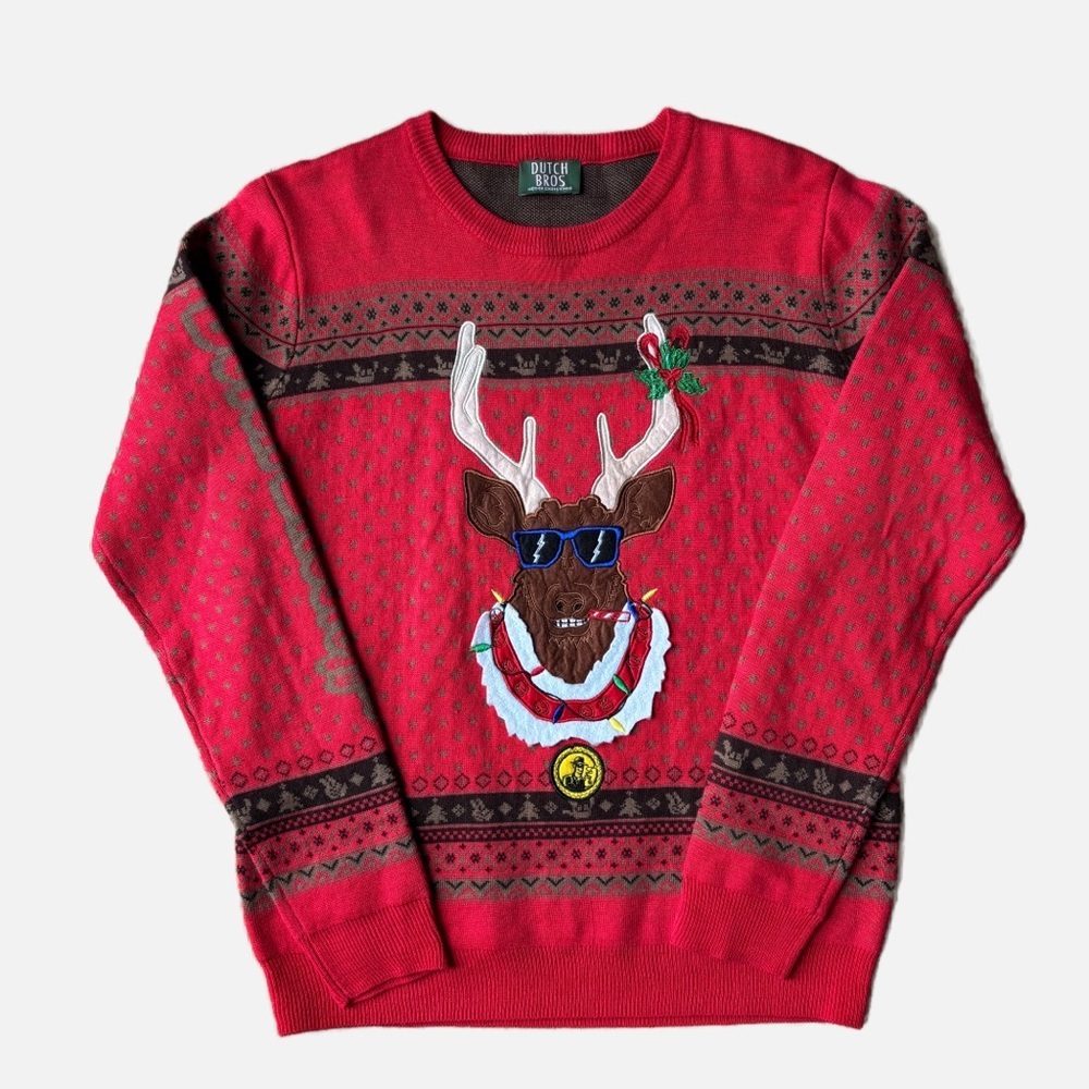 Dutch Bros Coffee Ugly Red Christmas Sweater Reindeer Size Medium